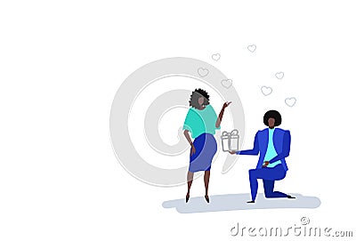Man kneeling holding gift box engagement ring proposing woman marry him happy valentines day concept young couple in Vector Illustration