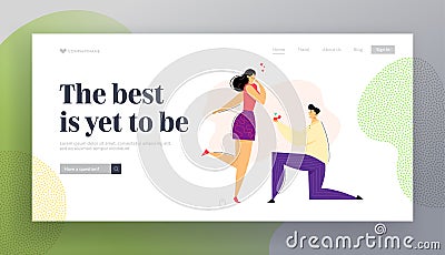 Man Kneeling Offering Engagement Ring to his Girlfriend Landing Page. Young Guy on Knees Proposing Girl to Marry Vector Illustration