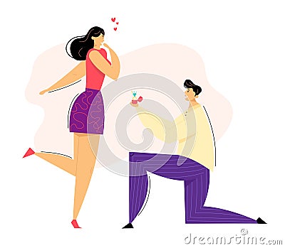 Man Kneeling Offering Engagement Ring to his Girlfriend. Young Guy on Knees Proposing Girl to Marry Vector Illustration