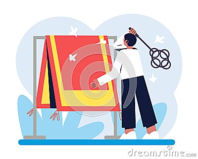 Man knocking dust out of large carpet. Small business startup Vector Illustration