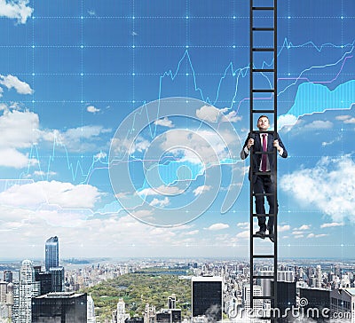 A man in a ladder is climbing up to the success in his career in finance. Stock Photo