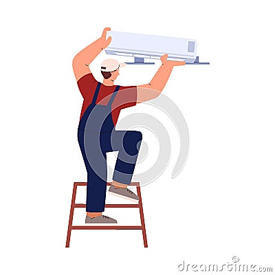 Man on ladder installing air conditioner, flat vector illustration isolated on white background. Vector Illustration
