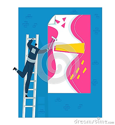 Man on ladder rolls paint on wall creating abstract art. Worker in casual clothes painting. Creativity and renovation Vector Illustration