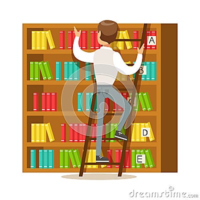 Man With Ladder Searching For A Book On Bookshelf, Smiling Person In The Library Vector Illustration Vector Illustration