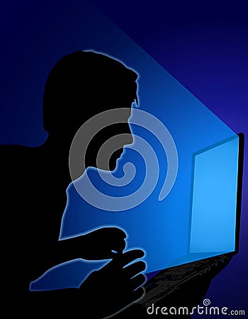 Man on Laptop Blue Glow In Darkness Cartoon Illustration