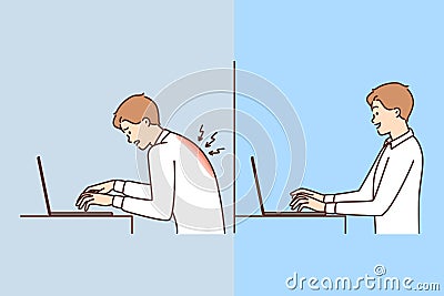 Man with laptop feels pain in back and for incorrect posture at workplace Vector Illustration