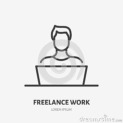 Man with laptop flat line icon. Vector thin sign of freelance work at home, designer logo. Young person in workplace Vector Illustration