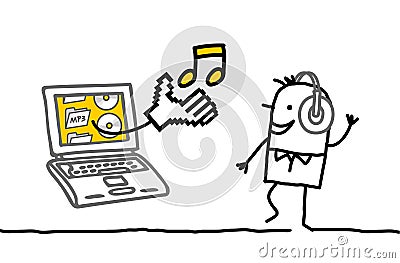 Man with laptop listening music Vector Illustration