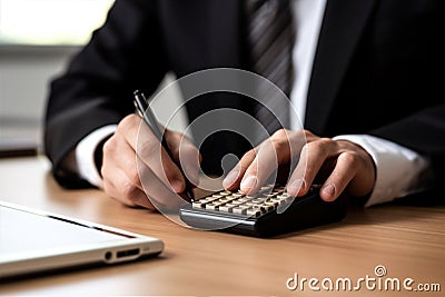 man businessman calculator business computer caucasian manager writing confidence office sitting. Generative AI. Stock Photo