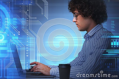 Man and laptop, programming icons and binary Stock Photo