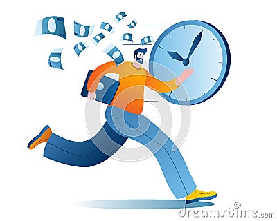 A man with a laptop is running fast. Vector Illustration