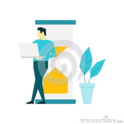 Man with laptop standing near big hourglass Vector Illustration