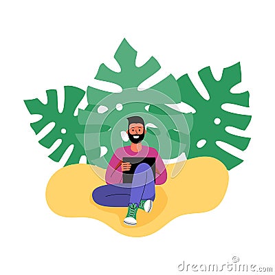 A man with a laptop surrounded by tropical leaves. Vector illustration. Vector Illustration