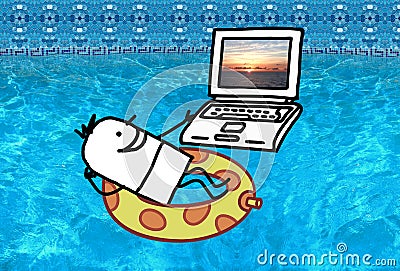 Man with laptop in a swimming pool Stock Photo