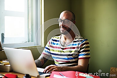Man Laptop Thinking Strategy Planning Vision Concept Stock Photo