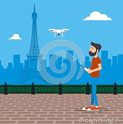 Man launches drone vector illustration. Vector Illustration