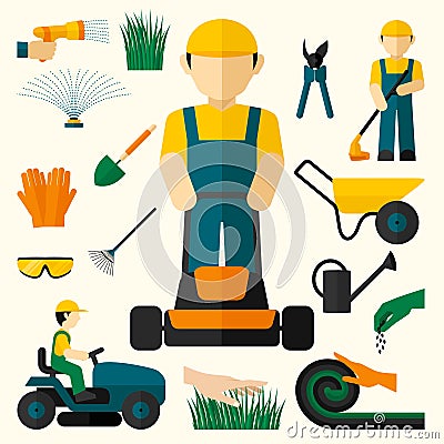 Man With Lawn Mower Vector Illustration