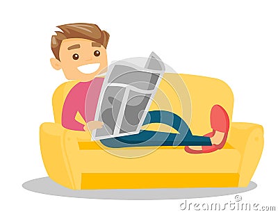 Man laying on the couch and reading a newspaper. Vector Illustration