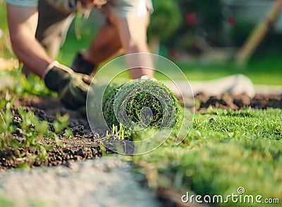 Man laying sod for new garden lawn Stock Photo