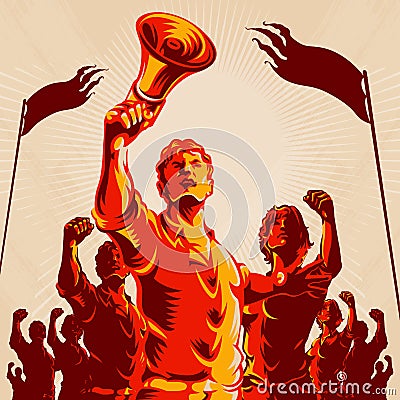 Man Lead Crowd Protest Fist Propaganda Poster Vector Illustration