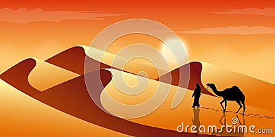 Man leads a camel through the desert. Exotic landscape. Sands and dunes. Tourism and travelling. Vector Illustration