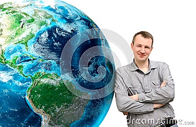 Man of leaning on huge Earth planet on a white background. Elem Stock Photo