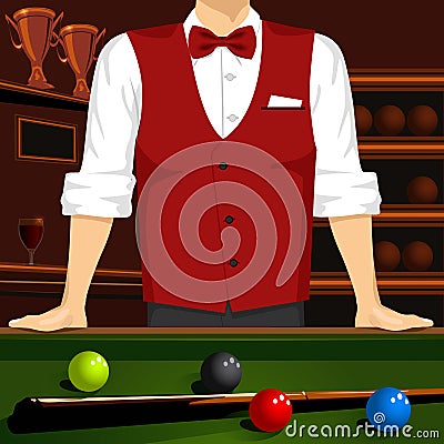 Man leaning on a pool table with cue stick and colorful billiard balls Vector Illustration