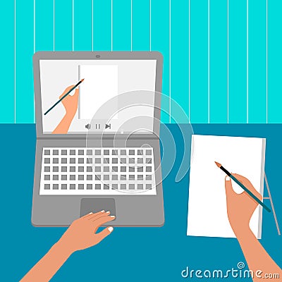 Man learns how to draw oil or watercolor at home with online courses on laptop. Online drawing courses. Stay home Vector Illustration