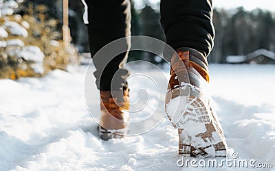 Man in leather brown winter boots walking on snowy road outdoors, back view. Close-up of modern warm men's shoes Stock Photo