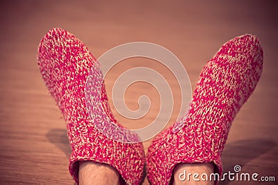 Man Legs in red Wool Socks male knitted clothes winter Stock Photo