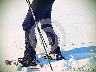 Man legs with snowshoes walk in snow. Detail of winter hike in snowdrift Stock Photo