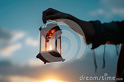 Man Letting Go Of The Lantern Into The Sky, Symbolizing Letting Go And Rebirth Close. Generative AI Stock Photo