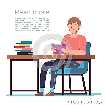 Man in library. Young man reading book in public library interior with bookshelves, desks and chairs, flat bibliophile Vector Illustration