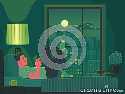 The man lies on the bed at night and looks into the smartphone. Internet surfing addiction to the phone Cartoon Illustration