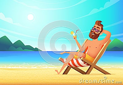 A man lies on a lounger on a sandy beach, drinks a cocktail and relaxes. Vacation at sea, illustration Cartoon Illustration