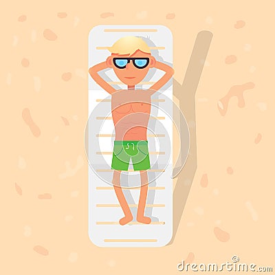 Man lies on a sun lounger. Deck chair on beach. Chaise lounge tanning vector Vector Illustration