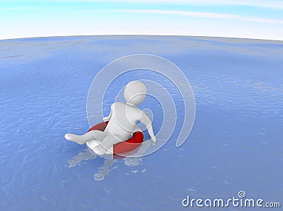 Man with life ring in ocean Cartoon Illustration