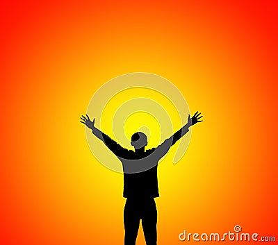 Man lifting hands to sunset Stock Photo