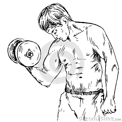 The man lifts the dumbbell, shakes arm muscles, biceps, triceps, fitness in the gym Vector Illustration