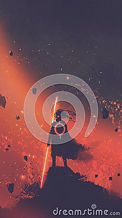 Man with the light sword standing against red space Cartoon Illustration