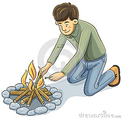 Man Lighting The fire Vector Illustration