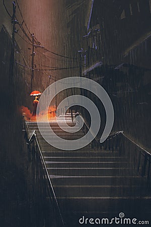 Man with lights umbrella standing on stair in the night rain Cartoon Illustration