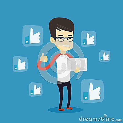 Man with like social network buttons. Vector Illustration