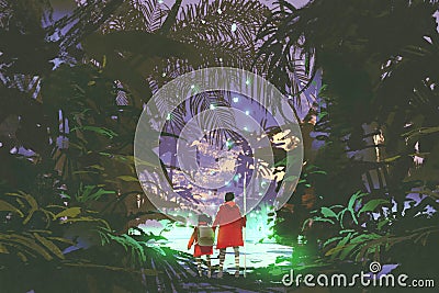 Man and little girl looking at green swamp in forest Cartoon Illustration