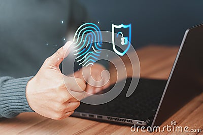 Man login with fingerprint scanning technology. Security concepts and fingerprint password control in the technology of the future Stock Photo
