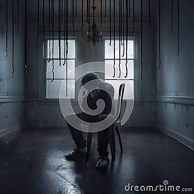 Man in a lonely dark and scary room. Crying and fearing. concept of depression, nightmares, and grief. Created with AI Stock Photo