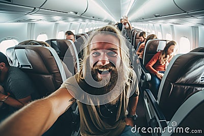 A man with long hair and a beard sitting comfortably on an airplane seat, Happy tourist taking selfie inside airplane, AI Stock Photo