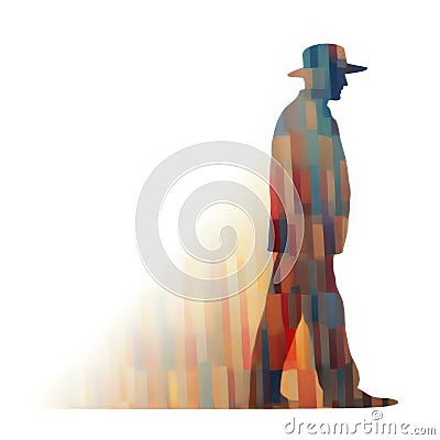 Contemporary Op Art: Silhouette Of A Man Walking Down A Colored Brick Street Cartoon Illustration