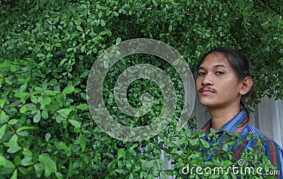 A man with a Long hair and a mustache peeking out from the bushes of Terminalia ivorensis Chev bedew Stock Photo