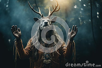 A man with long hair wearing a deer mask. Generative AI image. Stock Photo